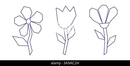 Set aus drei farbenfrohen, ausgeschnittenen, geometrischen Frühlingsblumen wie Kamille und Tulpe, trendiges Design mit moderner Geometrie für Karte, Einladung und Tapete Stock Vektor