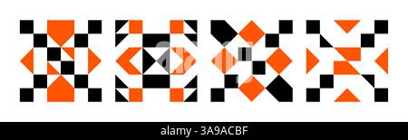 Geometrisches abstraktes Mosaikmuster in schwarzen Formen, nahtlose Elemente-Kollektion aus Dreiecken und Quadraten, Pixelelemente, modernes Design Stock Vektor