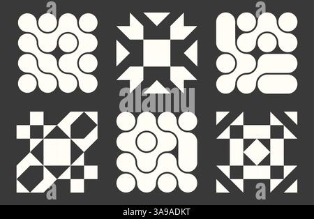 Set aus geometrischem abstraktem Mosaik und flüssigen verbundenen Kreispunkten, schwarzen Formen, Muster Poster, nahtlose Elemente, Pixelelemente, modernes Design Stock Vektor