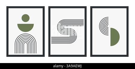 Set aus dunkelblauem Boho-geometrischem Formsatz. Abstraktes Muster, Design-Line-Art, trendiger Bohemian-Stil. Zeitgenössischer Bilderbogen aus der Mitte des Jahrhunderts Stock Vektor