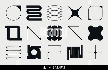 Set neomoderaler geometrischer Formen. Brutalismus, futuristisch, memphis-Muster. Sammlung von schwarzem Brutalismus, geometrischen abstrakten Formen. Modern Stock Vektor