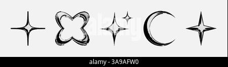 Set, Sammlung von Y2K-Elementen aus Metall-Chrom. Pack futuristische, geometrische und brutale Retro-Formen, Sterne, Aufkleber. Satz geometrischer 3D-Formen, Stock Vektor