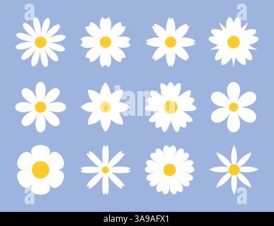 Set aus weißen Gänseblümchen von geometrischen Figuren, Sammlung abstrakter Silhouetten von Blumen Blumen Ikonen isoliert auf weißem einfachen Kamillenset Stock Vektor