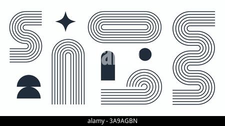 Set aus dunkelblauem Boho-geometrischem Formsatz. Abstraktes Muster, Design-Line-Art, trendiger Bohemian-Stil. Zeitgenössischer Bilderbogen aus der Mitte des Jahrhunderts Stock Vektor