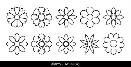 Set aus schwarzen Gänseblümchen von geometrischen Figuren, Sammlung abstrakter Silhouetten von Blumen, Blumen, Ikonen auf weiß Stock Vektor