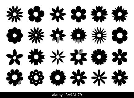 Set aus schwarzen Gänseblümchen von geometrischen Figuren, Sammlung abstrakter Silhouetten von Blumen, Blumen, Ikonen auf weiß Stock Vektor