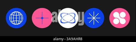 Set von neomodernen geometrischen Aufklebern, Stempel in Kreisform. Brutalismus, futuristisch, memphis-Muster-Hintergrund. Modernes Design für Karten und Einladungen Stock Vektor