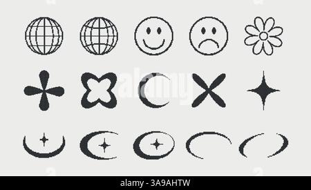 Set mit y2k-Formen im Pixelstil, futuristisches Retro-Paket, y2k-geometrische Elemente für Logokarte, Web, Poster. Grafische Formen mit 90ern Pixeln Stock Vektor