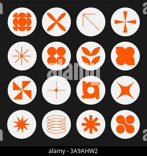 Set von neomodernen geometrischen Aufklebern, Stempel in Kreisform. Brutalismus, futuristisch, memphis-Muster-Hintergrund. Modernes Design für Karten und Einladungen Stock Vektor