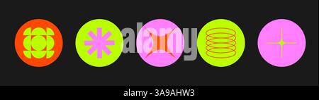 Set von neomodernen geometrischen Aufklebern, Stempel in Kreisform. Brutalismus, futuristisch, memphis-Muster-Hintergrund. Modernes Design für Karten und Einladungen Stock Vektor