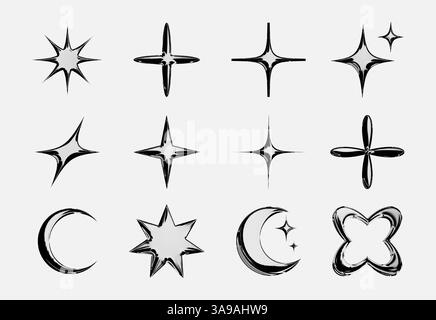 Set, Sammlung von Y2K-Elementen aus Metall-Chrom. Pack futuristische, geometrische und brutale Retro-Formen, Sterne, Aufkleber. Satz geometrischer 3D-Formen, Stock Vektor