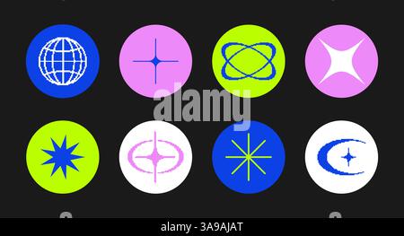 Set von neomodernen geometrischen Aufklebern, Stempel in Kreisform. Brutalismus, futuristisch, memphis-Muster-Hintergrund. Modernes Design für Karten und Einladungen Stock Vektor