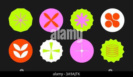 Set von neomodernen geometrischen Aufklebern, Stempel in Kreisform. Brutalismus, futuristisch, memphis-Muster-Hintergrund. Modernes Design für Karten und Einladungen Stock Vektor