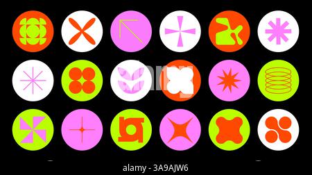 Set von neomodernen geometrischen Aufklebern, Stempel in Kreisform. Brutalismus, futuristisch, memphis-Muster-Hintergrund. Modernes Design für Karten und Einladungen Stock Vektor