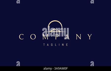 Goldenes Vektor-Logo mit abstraktem Bild eines Berges vor dem Hintergrund einer aufgehenden Sonne. Stock Vektor