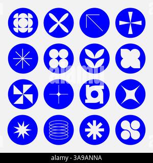 Set von neomodernen geometrischen Aufklebern, Stempel in Kreisform. Brutalismus, futuristisch, memphis-Muster-Hintergrund. Modernes Design für Karten und Einladungen Stock Vektor