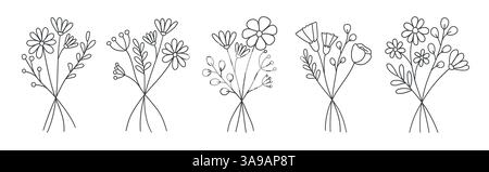 Set von Hand zeichnen Linie wilde Blumenstrauß, botanische Elemente Design, Linie Blumen Vektor Set, trendy minimalistische Wildblumen Stock Vektor