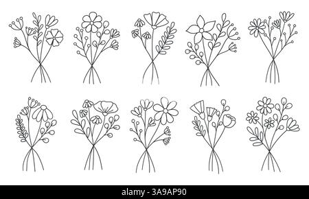 Set von Hand zeichnen Linie wilde Blumenstrauß, botanische Elemente Design, Linie Blumen Vektor Set, trendy minimalistische Wildblumen Stock Vektor