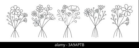 Set von Hand zeichnen Linie wilde Blumenstrauß, botanische Elemente Design, Linie Blumen Vektor Set, trendy minimalistische Wildblumen Stock Vektor