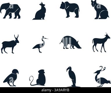 Eine Sammlung tierischer Silhouetten, darunter ein Elefant, ein Kaninchen, ein Bär, eine Antilope, ein Reiher, Ardenvark, Hirsch, Papagei und andere. Stock Vektor