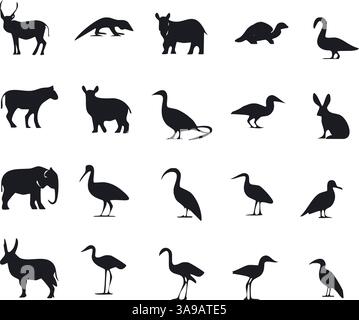 Silhouetten verschiedener Tiere einschließlich Vögel, Säugetiere und Reptilien. Stock Vektor