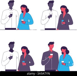 Ein Satz von vier Illustrationen mit einem Paar, das Getränke hält. Oben links zeigt ein Mann in einem weißen Hemd und eine Frau in einem blauen Oberteil. Stock Vektor