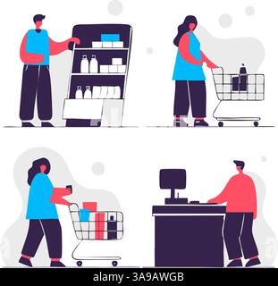 Eine digitale Illustration, die eine Lebensmitteleinkaufsszene darstellt. Es verfügt über vier Bereiche: Eine Person, die Artikel aus einem Regal auswählt, eine andere, die einen Einkauf schiebt Stock Vektor