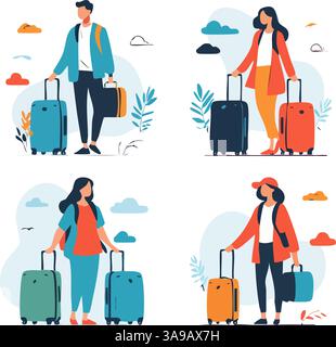 Eine farbenfrohe Illustration mit vier Reisenden mit Koffern. Zwei Personen sind männlich und zwei weiblich, jede mit unterschiedlichen Stilen und Ösen Stock Vektor