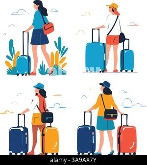 Eine farbenfrohe Illustration mit vier Frauen mit Koffern in verschiedenen Outfits und Posen vor einer stilisierten Landschaft mit Pflanzen und Wolken. Stock Vektor