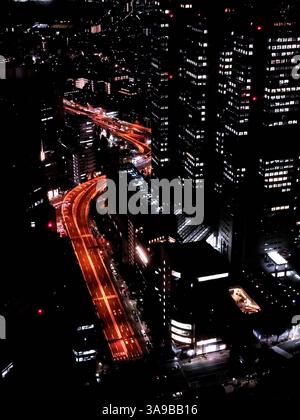 Tokio Stadtlandschaft bei Nacht mit beleuchteten Straßen und Wolkenkratzern vom Shinjuku Metropolitan Government Building Stockfoto