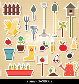 Symbol für Garten- und Gartenwerkzeuge auf einem hellen, welligen Hintergrund. Vektordarstellung Stock Vektor