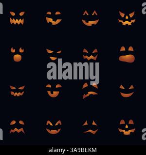Halloween Kürbisse Gesichter auf schwarzem Hintergrund. Jack-o-Laterne mit verschiedenen Gesichtsausdrücken Stock Vektor