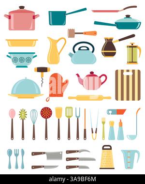 Set mit Küchenutensilien und Sammlung von Kochgeschirr Ikonen, Kochutensilien und Küchenutensilien Stock Vektor