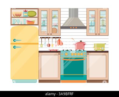 Innenraum der Küche. Küchengeräte und Utensilien im Retro-Stil Stock Vektor