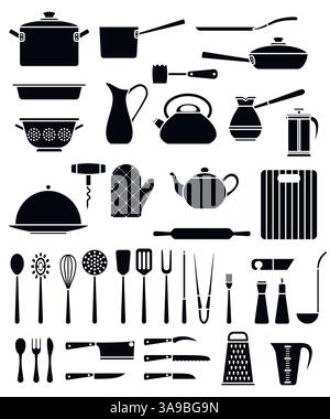 Set mit Küchenutensilien und Sammlung von Kochgeschirr Ikonen, Kochutensilien und Küchenutensilien Stock Vektor