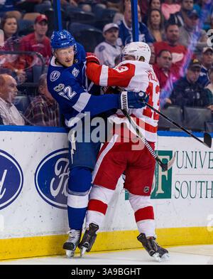 26. Oktober 2017: Detroit Red Wings Center Darren Helm (43) überprüft Tampa Bay Lightning Verteidiger Andrej Sustr (62) in der 1. Phase des Spiels zwischen den Detroit Red Wings und den Tampa Bay Lightning in der Amalie Arena in Tampa, Florida. Del Mecum/CSM(Kreditbild: &Copy; Del Mecum/CSM via ZUMA Wire) Stockfoto