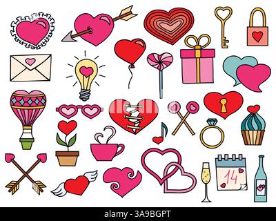 Handgezeichnete Elemente zum Valentinstag mit Herzen und romantischen Symbolen Stock Vektor