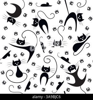 Nahtloses Muster mit schwarzen Katzen, Pfotenabdrücken und Mäusen. Katzen in verschiedenen Posen Stock Vektor
