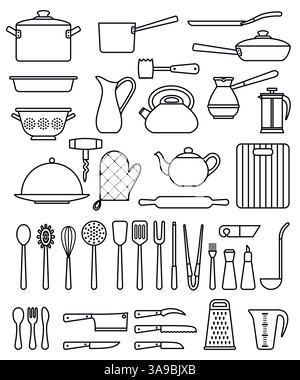 Set mit Silhouette Küchenutensilien und Sammlung von Kochgeschirr Ikonen, Kochutensilien und Küchenutensilien Stock Vektor