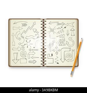 Bleistift und offenes Notizbuch mit bemalten Pfeilen. Vektorabbildung Stock Vektor