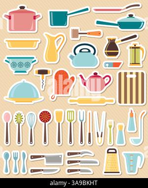 Set mit Küchenutensilien und Sammlung von Kochgeschirr Ikonen, Kochutensilien und Küchenutensilien Stock Vektor