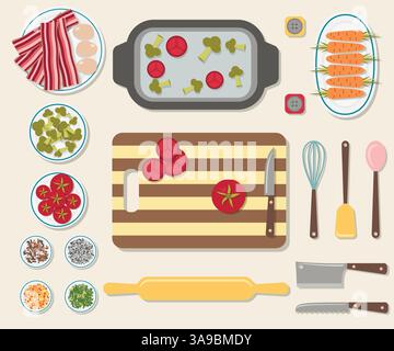 Prozess des Kochens köstlicher Speisen. Küchentisch mit Schneidebrett und geschnittenem Gemüse Stock Vektor