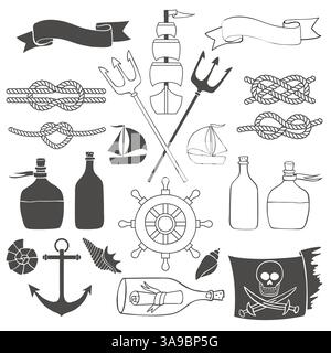 Nautisch und Seegang. Handgezeichnete Elemente im nautischen Stil Stock Vektor