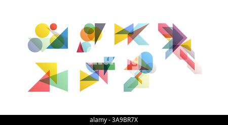 Abstraktes geometrisches Design. Vektordarstellung aus verschiedenen überlappenden Elementen. Gilt für Banner, Plakate, Poster, Flyer. Stock Vektor