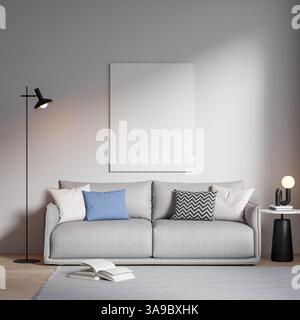 Poster-Motiv in einem modernen Wohnzimmerinneren. 3D-Rendering, 3D-Illustration Stockfoto