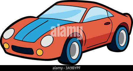 Schneller roter Sportwagen mit blauen Rennstreifen in Zeichentrickgrafik. Stock Vektor
