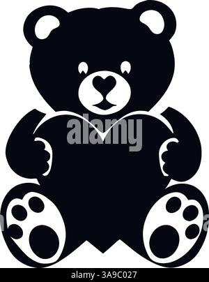 Flauschiger Teddybär mit großem Herz in monochromer Silhouette. Stock Vektor