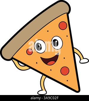 Niedliche tanzende Pizzascheibe mit großem Lächeln und fröhlichem Ausdruck. Stock Vektor