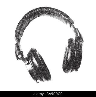 Realistisch gepunktete Fotokopiereffekte von klassischen Kopfhörern in Schwarzweiß Stock Vektor