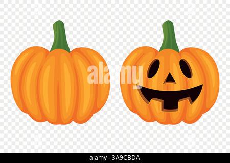 Vector Cartoon Pumpkins Kollektion mit geschnitzten Gesichtern. Flaches Set Mit Bunten Kürbis-Stickern. Designvorlagen für Halloween, Herbst, Ernte. Süß und lustig Stock Vektor